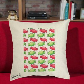 Perna Decorativa Bomboane Craciun Pattern, 40x40 cm, Ecru, Husa Detasabila, Perna Inclusa, BEKZ®