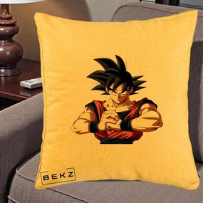 Perna Personalizata Dragon Ball Goku Portret Serios, 40x40 cm, Galben, Husa Detasabila, Perna Inclusa, BEKZ®
