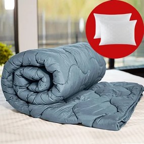 Set pilota iarna, umplutura lana, material policoton, 140x210cm, matlasata, antracit, Pucioasa cu 2 perne, matlasate, antialergice, 50x70cm, albe, Pucioasa