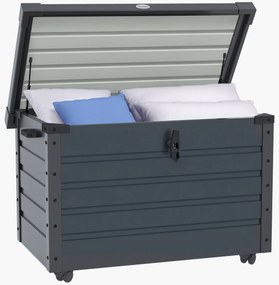 Outsunny Ladă de Grădină de 295L cu Încuietoare, 2 Mânere și 4 Rotile, Mobilier Depozitare din Oțel, 100x62x65 cm, Gri | Aosom Romania