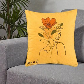 Perna Decorativa Portret Feminin Floare Portocalie, 40x40 cm, Galben, Husa Detasabila, Perna Inclusa, BEKZ®