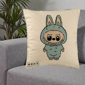 Perna Personalizata Labubu Albastru-Gri Solo, 40x40 cm, Bej, Husa Detasabila, Perna Inclusa, BEKZ®