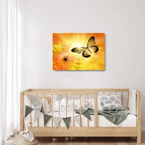 Tablou pe sticlă - Fluture galben cu flori (70x50 cm)
