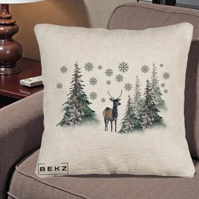 Perna Decorativa Ren in Padure Inzapezita, 40x40 cm, Bej Canapea, Husa Detasabila, Perna Inclusa, BEKZ®