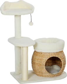 PawHut Copac pentru pisici cu căsuță, minge de joacă și platformă, stuf/sisal, până la 10 kg, 60 x 40 x 79 cm, crem-alb | Aosom Romania