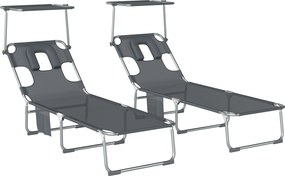 Outsunny Set de 2 șezlonguri pliante reclinabile cu copertină 360°, orificiu facial, buzunar lateral și Textilene 550 g/m² Gri | Aosom Romania