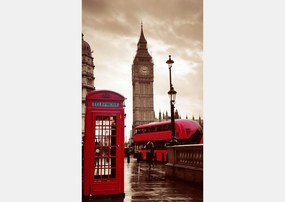 Fototapet. Simboluri Londoneze - Big Ben, Cabina Telefonica Rosie si Autobuz Rosu intr-o tipica zi ploioasa. Art. 060043