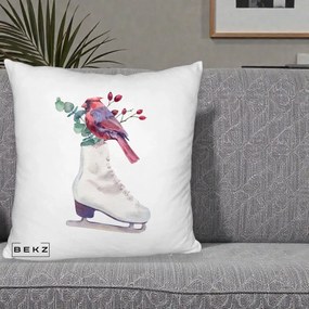 Perna Decorativa Cardinal Rosu pe Patina de Gheata, 40x40 cm, Alb Pufos, Husa Detasabila, Perna Inclusa, BEKZ®