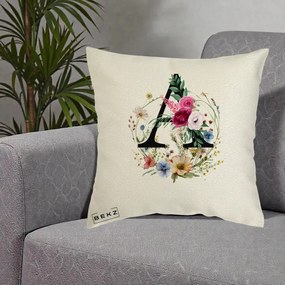 Cadou Personalizat - Perna Personalizata Monogram Litera A cu Flori Acuarela, 40x40 cm, Ecru, Husa Detasabila, Perna Inclusa, BEKZ®