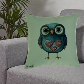 Perna Decorativa Bufnita Teal cu Doua Inimi, 40x40 cm, Verde, Husa Detasabila, Perna Inclusa, BEKZ®