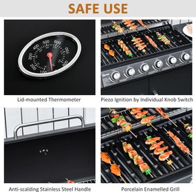 Outsunny Gratar cu Gaz cu Capac si Arzator Lateral, Termometru si 2 Roti