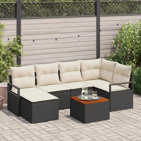 vidaXL Set de canapele de grădină cu 7 piese, cu perne, în negru. E din răchită poliesterică și acacia.