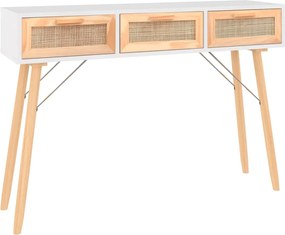 vidaXL Masă consolă alb 105x30x75 cm lemn masiv pin și ratan natural