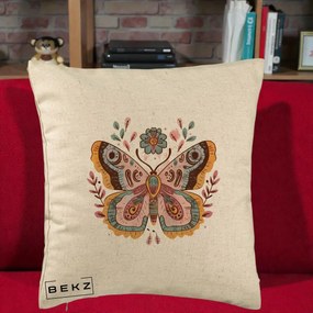 Perna Decorativa Fluture Boho Floral, 40x40 cm, Bej, Husa Detasabila, Perna Inclusa, BEKZ®