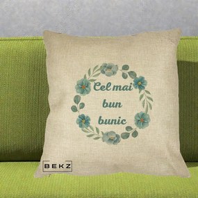 Cadou pentru Bunic - Perna Personalizata Cel Mai Bun Bunic Coronita Flori Albastre Teal, 40x40 cm, Crem, Husa Detasabila, Perna Inclusa, BEKZ®