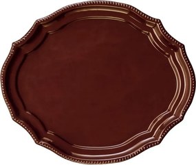 Tavă ovală vintage din metal emailat cupru cu margine festonată și bordură cu mărgele, 36×30×H2 cm, „Madam"