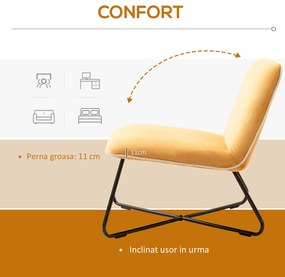 Fotoliu din Catifea HOMCOM Stil Nordic fara Cotiere, Scaun fotoliu de Camera cu Baza metalica Incrucisata, 55x69x68cm, Galben | Aosom RO