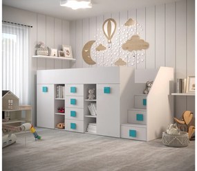 Pat multifuncțional 90 cm Toreno 3 (Alb + alb lucios + mânere turcoaz lucios) (D). 1083332