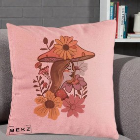 Perna Decorativa Fata Ciuperca Florala Boho, 40x40 cm, Roz, Husa Detasabila, Perna Inclusa, BEKZ®
