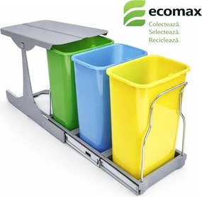 Cos gunoi incorporabil Ecomax Patty 30, colectare selectiva, 3 x 8 l Polipropilena Metal, Albastru Galben Verde, L:236 mm; H:360 mm; A:470 mm, 300