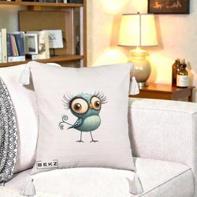 Perna Decorativa Pasare Teal cu Gene si Coada Spiralata, 40x40 cm, Bej cu Franjuri, Husa Detasabila, Perna Inclusa, BEKZ®