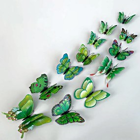 PIPPER | Autocolant de perete "Fluturi 3D din plastic realist cu aripi duble - verde” 12 buc 6-12 cm