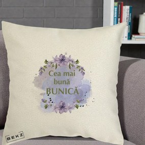 Cadou pentru Bunica - Perna Personalizata Cea Mai Buna Bunica Flori Mov Acuarela Auriu, 40x40 cm, Ecru, Husa Detasabila, Perna Inclusa, BEKZ®