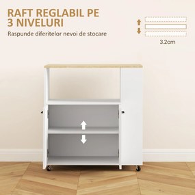 HOMCOM Cărucior de Bucătărie cu Raft Deschis, Dulăpior cu 2 Uși și Raft Lateral pe 2 Niveluri, 75x40x80,5 cm, Alb | Aosom Romania