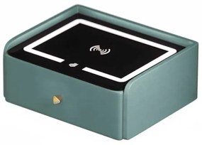 Noptieră inteligentă cu &icirc;ncărcare wireless, iluminare LED, 1 sertar de depozitare &ndash; verde, design modern din sticlă și lemn