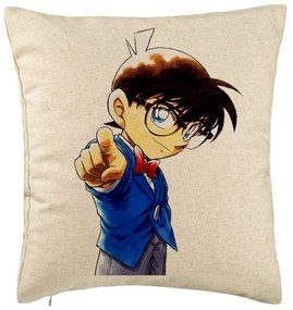 Perna Decorativa cu Detective Conan, 40x40 cm, Bej, Husa Detasabila, Burduf