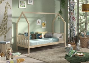 Pat copii pentru camera copil tip CASĂ CABANE CU GARD 90 X 200 CM NATURAL