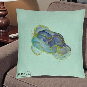 Perna Decorativa Abstract Acuarela Albastru-Mov cu Cercuri Aurii, 40x40 cm, Verde Menta, Husa Detasabila, Perna Inclusa, BEKZ®
