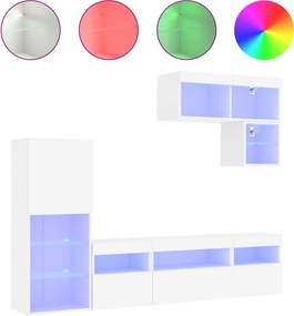 vidaXL Unități de perete TV cu LED-uri, 6 piese, alb, lemn prelucrat