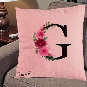 Cadou Personalizat - Perna Personalizata Monograma Florala Litera G, 40x40 cm, Roz, Husa Detasabila, Perna Inclusa, BEKZ®