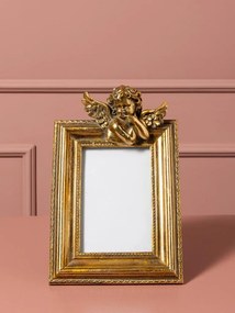 Ramă foto decorativa din rășină, auriu,motiv înger sculptat format 10 x 15 cm, finisaj antichizat, 25 x 16,5 x 6,5 cm, „Angelot”