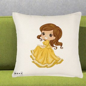 Perna Decorativa Printesa Bella Rochie Aurie, 40x40 cm, Crem Reliefat, Husa Detasabila, Perna Inclusa, BEKZ®