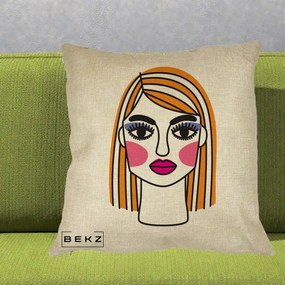 Perna Decorativa Portret Pop Art Fata, 40x40 cm, Crem, Husa Detasabila, Perna Inclusa, BEKZ®