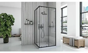 Cabina de dus patrata cu usi glisante negru Rea City 80x80 cm si cadita neagra