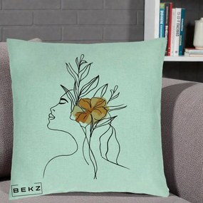 Perna Decorativa Portret Feminin Floare Portocalie Lateral, 40x40 cm, Verde Menta, Husa Detasabila, Perna Inclusa, BEKZ®