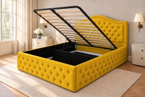 Pat tapițat Chesterfield din catifea Solaria Deluxe Cristal 160×200 cm, galben muștar, cu ladă de depozitare