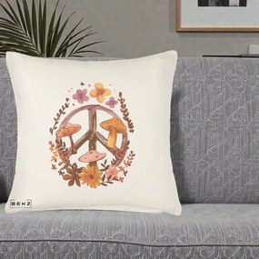 Perna Decorativa Peace Sign Ciuperci Floral, 40x40 cm, Crem Reliefat, Husa Detasabila, Perna Inclusa, BEKZ®