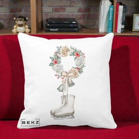Perna Decorativa Patine cu Coroana Florala de Craciun, 40x40 cm, Alba Mata, Husa Detasabila, Perna Inclusa, BEKZ®