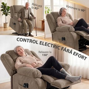 HOMCOM Fotoliu electric cu ridicare asistată, reclinabil 150°, șezut lat, cu masaj și încălzire, catifea, maro deschis | Aosom Romania