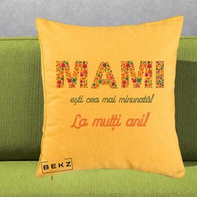 Cadou pentru Mama - Perna Personalizata Mami Esti Cea mai Minunata La Multi Ani cu Litere Florale, 40x40 cm, Galben, Husa Detasabila, Perna Inclusa, BEKZ®