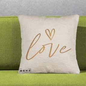 Perna Decorativa Love Caligrafie Aurie, 40x40 cm, Bej Canapea, Husa Detasabila, Perna Inclusa, BEKZ®