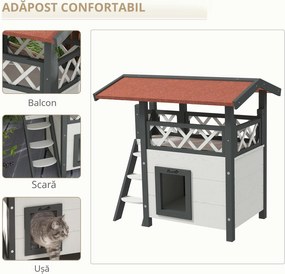 PawHut Căsuță pentru Pisici de Exterior cu Terasa și Scară, Adăpost pentru Pisici și Animale Mici din Lemn, 77x50x73 cm, Alb