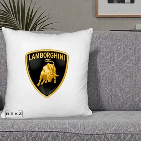 Perna Personalizata cu emblema Lamborghini, 40x40 cm, Alb Pufos, Husa Detasabila, Perna Inclusa, BEKZ®
