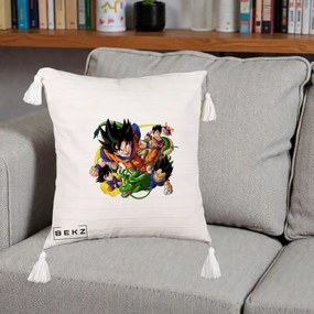 Perna Personalizata Dragon Ball Goku si Shenron Actiune, 40x40 cm, Bej cu Franjuri, Husa Detasabila, Perna Inclusa, BEKZ®