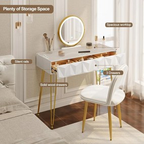 Masuta machiaj cu Oglinda LED si 3 Sertare pentru Cosmetice, Set Masa toaleta 100 cm, Alb Lucios, masuta cosmetica, vanity - SEA435