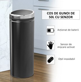 HOMCOM Coș de Gunoi Inteligent cu Senzor, 50L, Oțel Inox și Plastic, Negru, 30.5x30.5x81.5cm | Aosom Romania